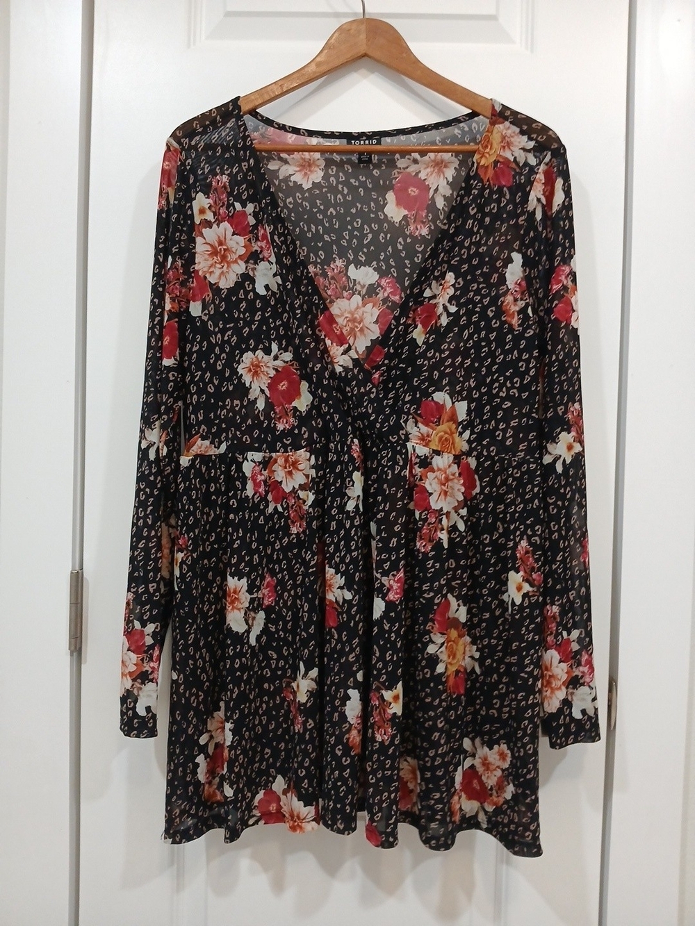 Torrid Black Floral Sheer Mesh V-Neck Long Sleeve Dress with Pink & Cream Blooms